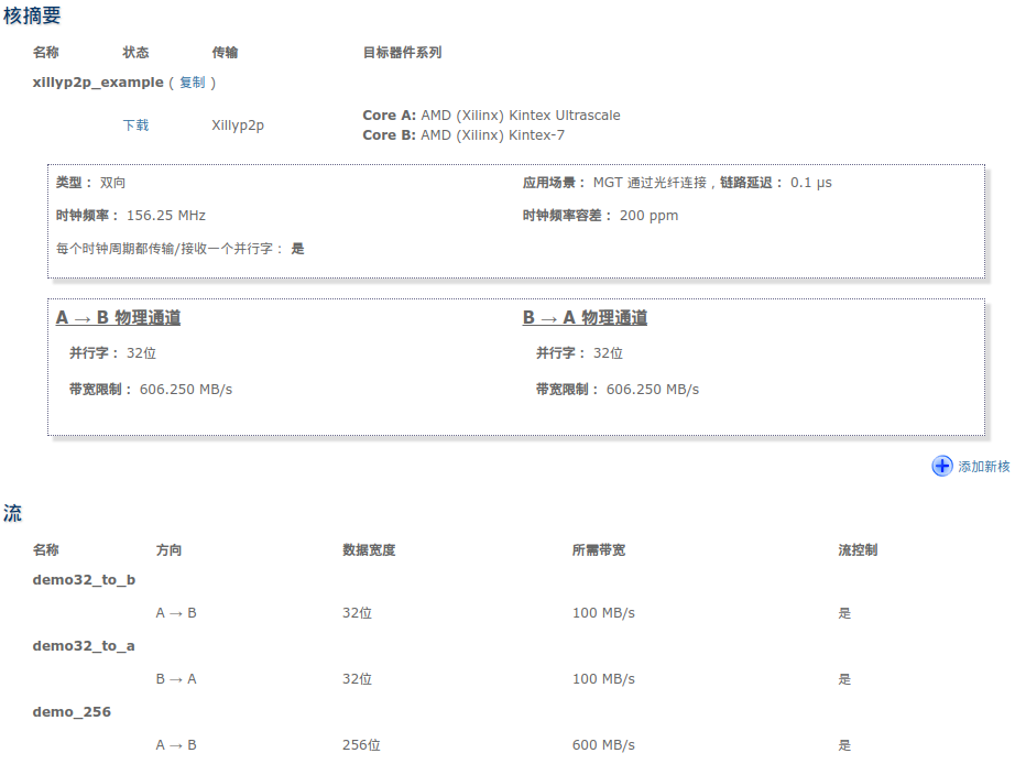 IP Core Factory 网络工具中配置 Xillyp2p IP 核的截图