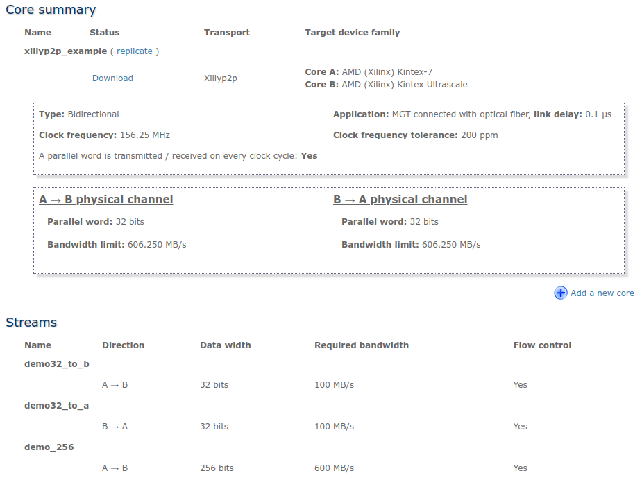 Screenshot from IP Core Factory web tool with a Xillyp2p IP Core