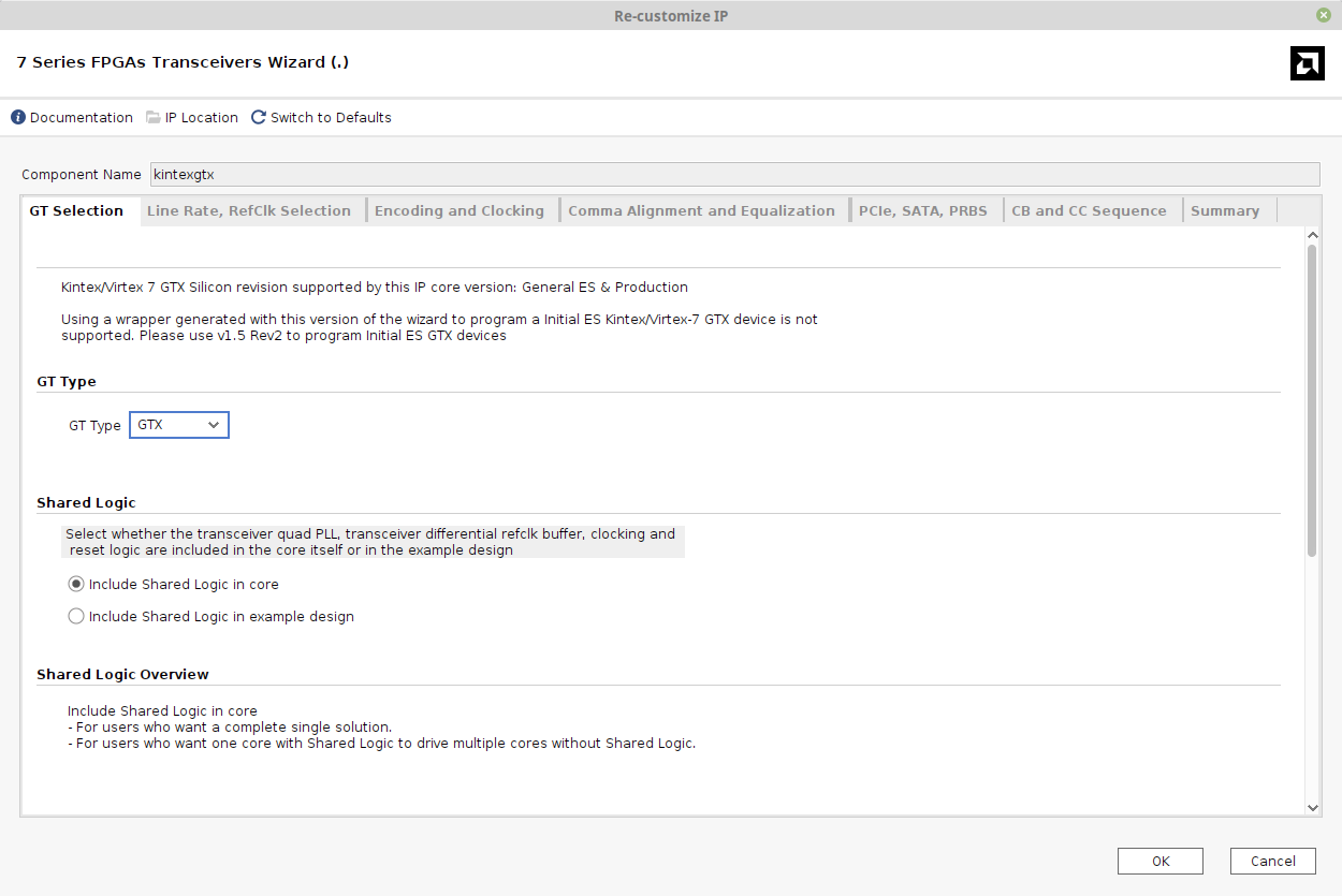 Screenshot of Vivado 2025.1, 7 Series FPGAs Transceiver Wizard, GT Selection tab