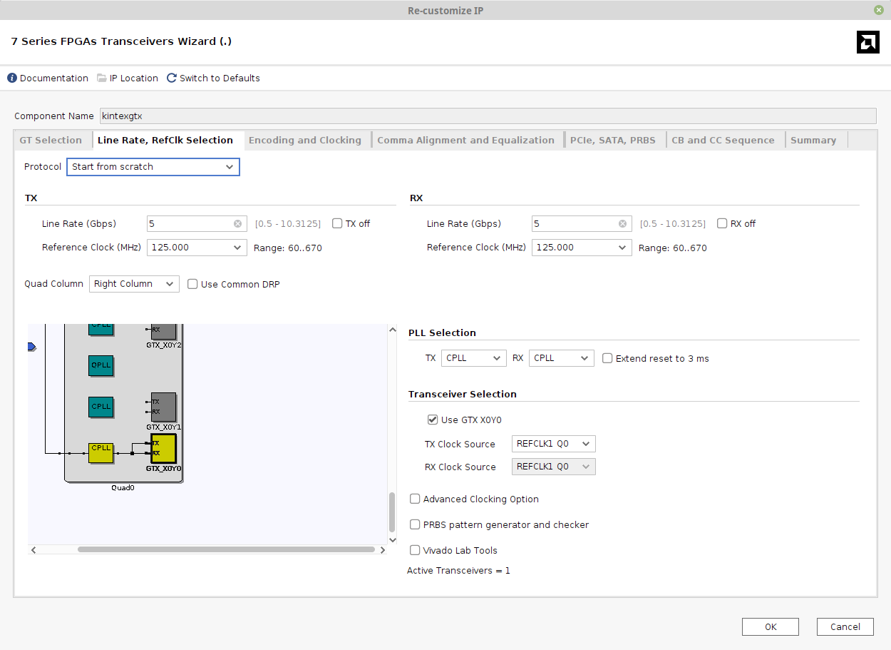 Screenshot of Vivado 2025.1, 7 Series FPGAs Transceiver Wizard, Line Rate and RefClk Selection tab