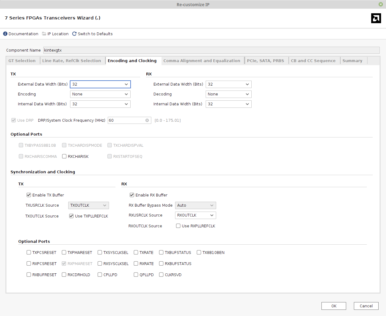 Screenshot of Vivado 2025.1, 7 Series FPGAs Transceiver Wizard, Encoding and Clocking tab