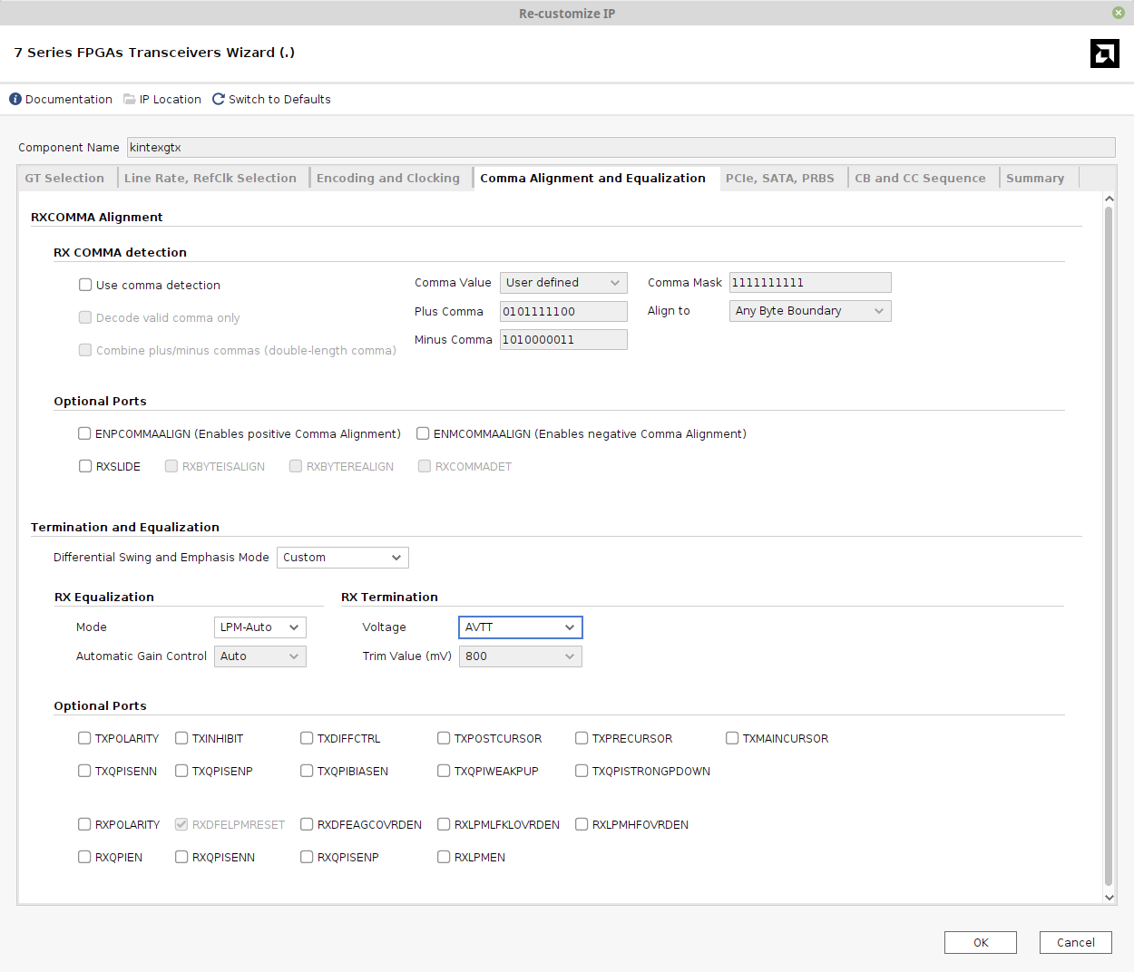 Screenshot of Vivado 2025.1, 7 Series FPGAs Transceiver Wizard, Comma Alignment and Equalization tab