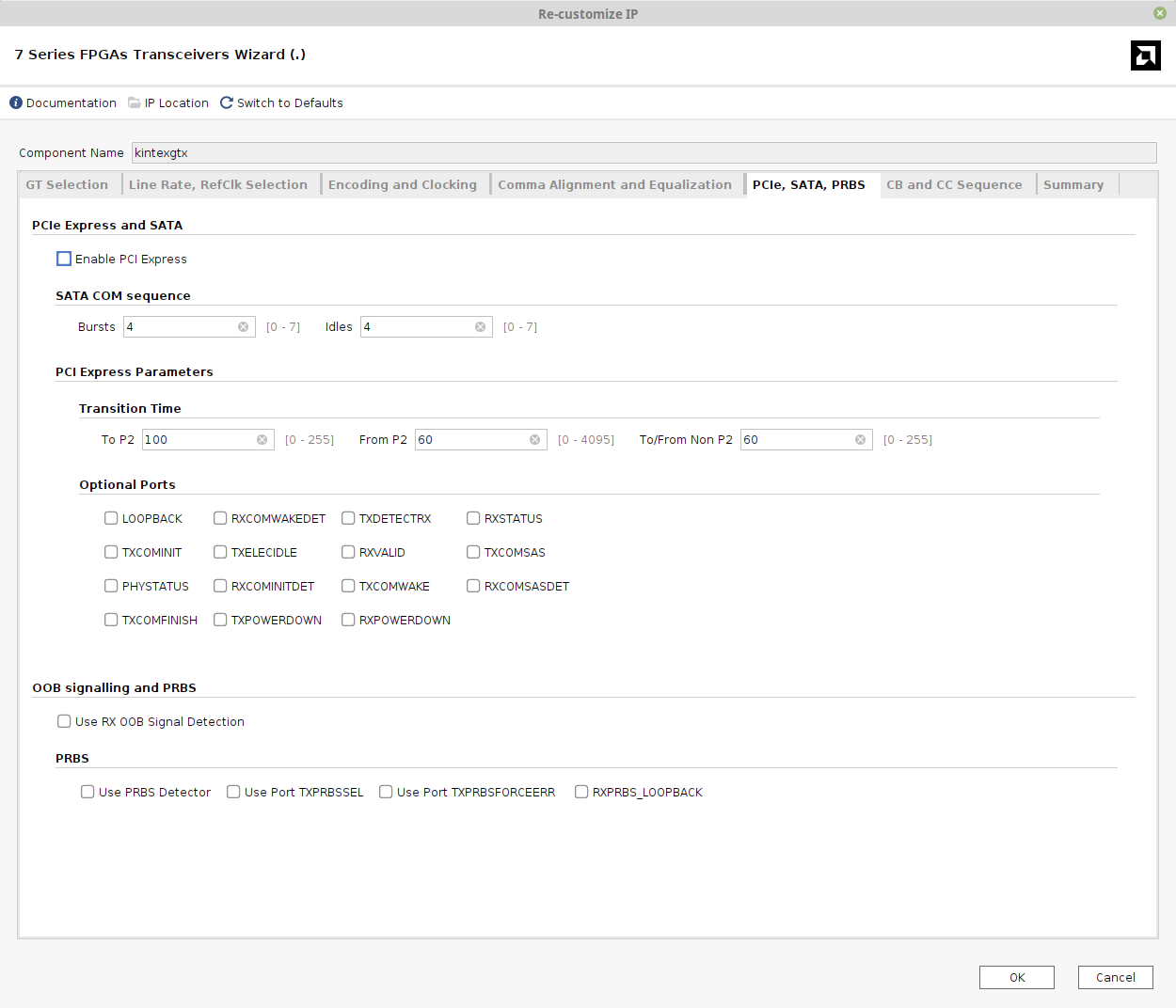Screenshot of Vivado 2025.1, 7 Series FPGAs Transceiver Wizard, PCIe, SATA and PRBS tab