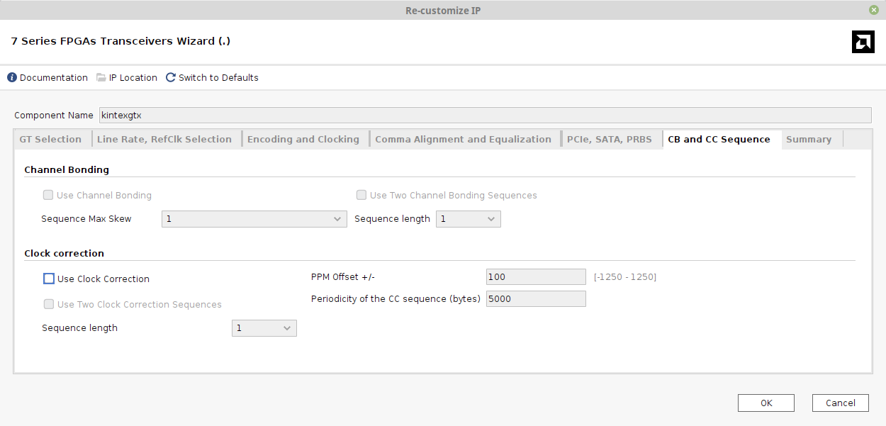 Screenshot of Vivado 2025.1, 7 Series FPGAs Transceiver Wizard, CB and CC Sequence tab