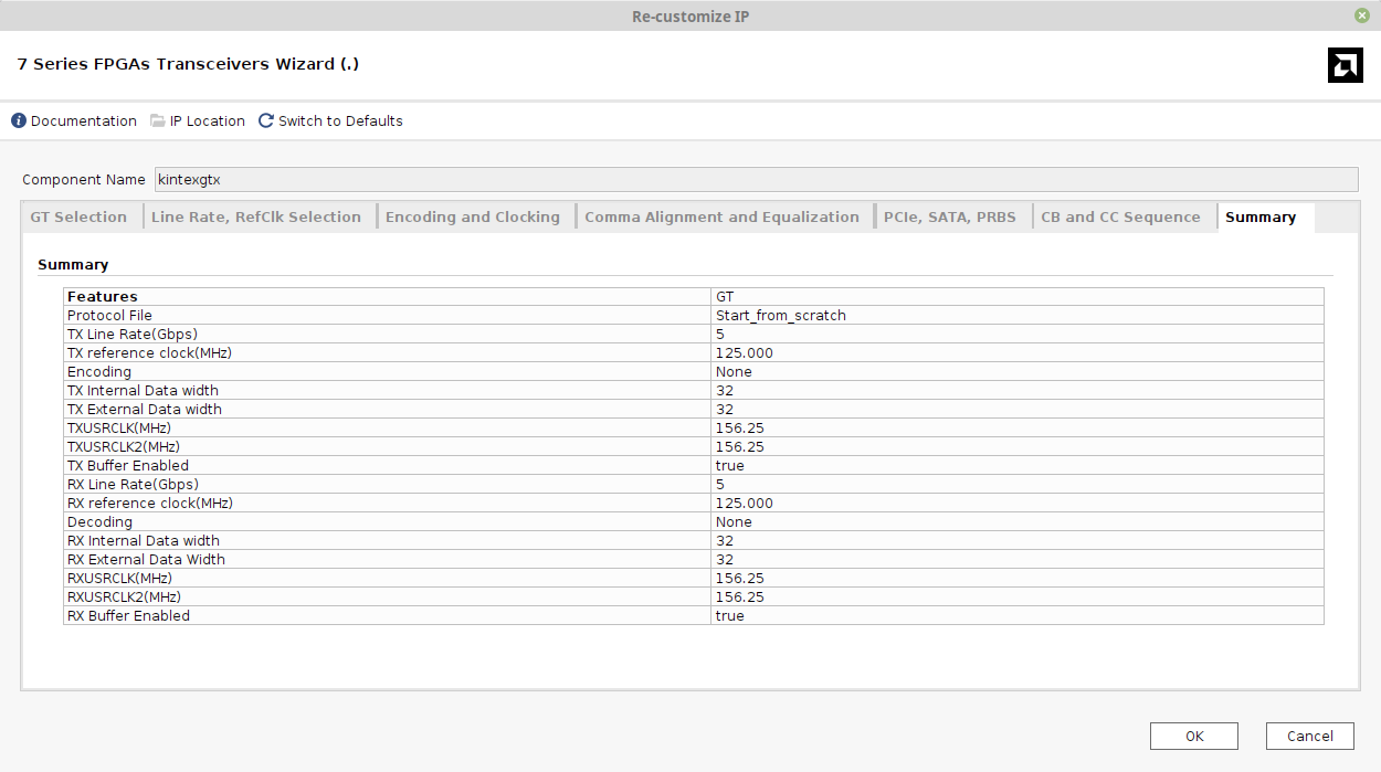 Screenshot of Vivado 2025.1, 7 Series FPGAs Transceiver Wizard, Summary tab